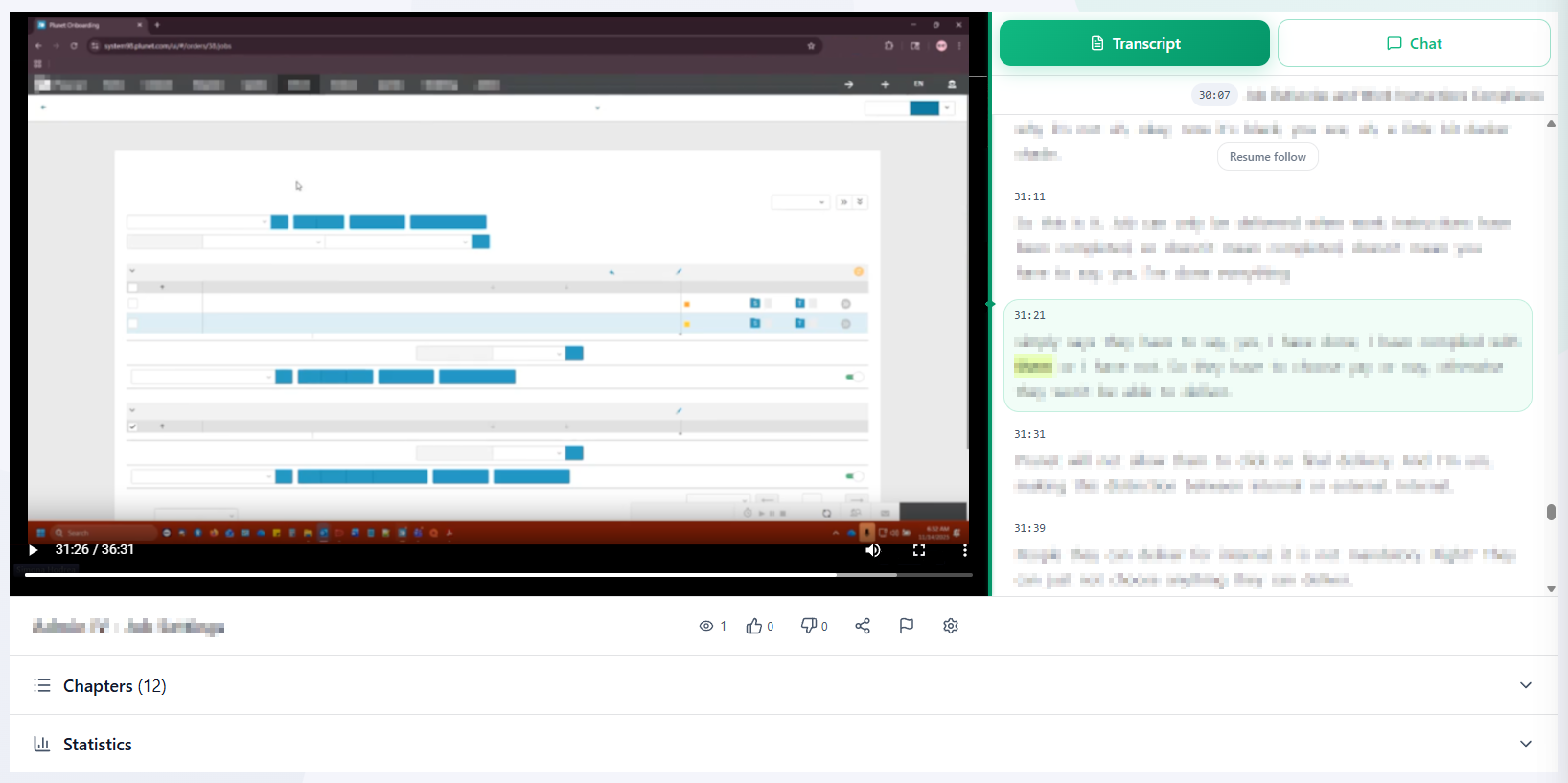 Video player with transcript panel showing search functionality